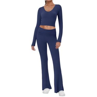 Imagem de Imily Bela Conjunto feminino de 2 peças, blusa cropped de manga comprida, calça flare dobrável, conjunto de pijama casual para ioga, Azul marino, Small