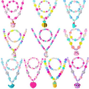 Imagem de PinkSheep Conjuntos de joias colar e pulseira de contas para crianças meninas 10 conjuntos unicórnio gato pássaro coruja colar e miçangas pequenos lembrancinhas bolsas para meninas