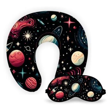 Imagem de Almofada Travesseiro Descanso de Pescoço Viagem + Máscara de Dormir Tapa Olho - Planetas