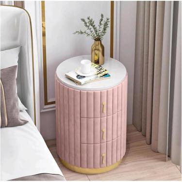 Imagem de YaoZhiYao Mesa de Cabeceira Redonda Prática com Tampo de Mármore, Mesa Lateral Estofada em Veludo, Mesa de Cabeceira Estofada com 3 Gavetas, Armário Nordico, Rosa, 40X40X58cm