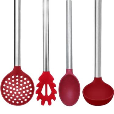 Imagem de Conjunto Kit de Utensílios de Cozinha em Silicone com acabamento em Aço Inox: Colher, Pegador de Massa, Escumadeira, Concha - Jogo de Espátula e Itens para Cozinhar (Vermelho)