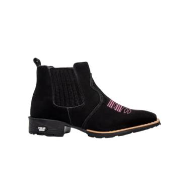 Imagem de Bota Feminina Texana Em Couro Preta Cano Curto Bordado Rosa Bico Quadrado (Preto, BR, Adulto, Numérico, 38)