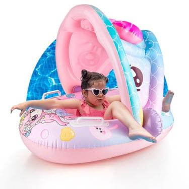 Imagem de Boia Inflável Infantil com Cobertura - Baby Float com Suporte para Natação Segura, Proteção Solar, Flutuador para Piscina de Bebês (Rosa)
