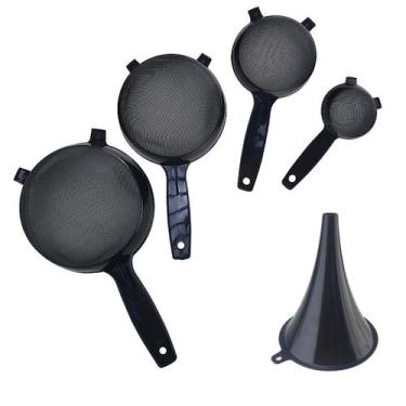 Imagem de Kit Peneiras de Plástico + Funil Preta 5 peças Mini Pequena Média e Gr