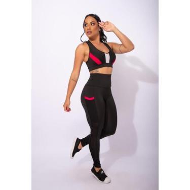 Imagem de Conjunto Feminino Fitness Calça Legging Cintura Alta Com Bolso Tela E 