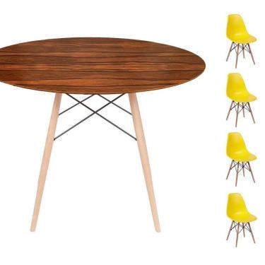 Imagem de Conjunto Mesa Eames Eiffel Dsw Redonda Pau Ferro 120cm + 4 Cadeiras Eames Dsw - Amarela