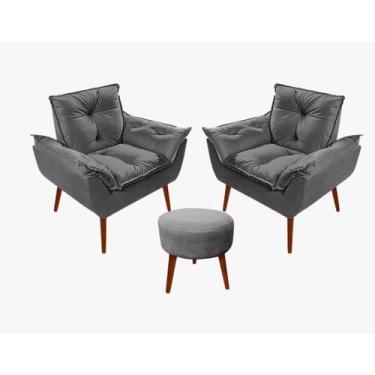 Imagem de Kit C/02 Poltronas Opala + 01 Puff Redondo Danny Suede Cinza Escuro  -