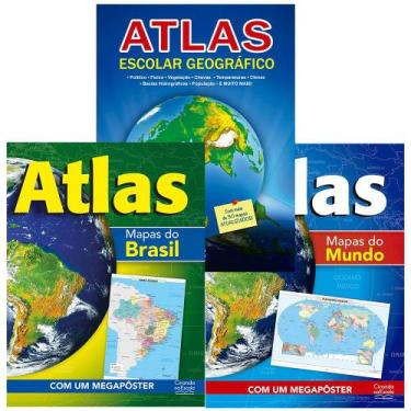 Imagem de Kit 3 Atlas Escolar Mapas do Mundo Mapas do Brasil Atlas Geográfico do