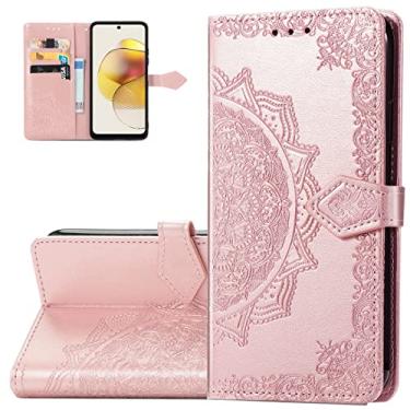 Imagem de Monwutong Capa carteira de telefone para Motorola Moto G73, capa de couro PU em relevo mandala à prova de choque com fecho magnético e slots de cartão de dinheiro coldre para Moto G73, MTL ouro rosa