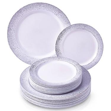 Imagem de Conjunto de jantar elegante e descartável de 240 peças | 120 pratos de jantar | 120 pratos laterais | elegante visual fino da China | para casamento e jantar de luxo (Coleção Ocean Mist – Prata)