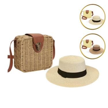 Imagem de Kit Bolsa Feminina Baú Blogueira de Palha e Chapéu Paris Celulose Boat