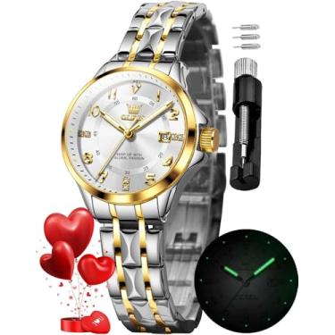 Imagem de OLEVS Relógios femininos prateados de aço inoxidável à prova d'água pequenos relógios de pulso diamante branco mostrador de data, Relógios femininos de ouro e prata com mostrador branco, Moderno