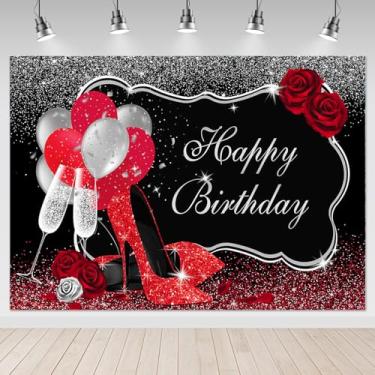 Imagem de Mocsicka Pano de fundo vermelho brilhante de salto alto feliz aniversário balões de champanhe preto prata festa de aniversário bolo mesa de fotos doce 16º 21º 30º 40º aniversário fundo fotográfico