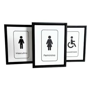 Imagem de Kit 3 Mini Quadros Sinalização de Banheiro Português Toque Elegante e 