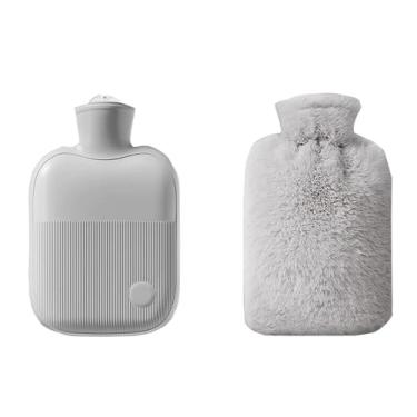 Imagem de Garrafa de água quente com tampa, bolsa de água quente de 1L para compressa quente e fria, aquecedor de pés de mão para capa de pelúcia de inverno - cinza