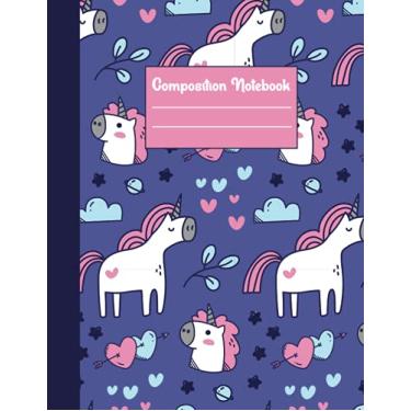 Imagem de Caderno de composição de unicórnio para meninas: diário e caderno | Papel pautado de 21,5 x 28 cm de largura, 110 páginas | Caderno de exercícios pautado em branco Nifty Wide para crianças adolescentes... | Unicórnio rosa azul fofo e padrão de coração
