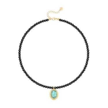 Imagem de PEARLADA - Colar Feminino de Ouro 18k com Pingente de Pérola Barroco/Bússola e Ônix Preto Fosco Banhado a Ouro