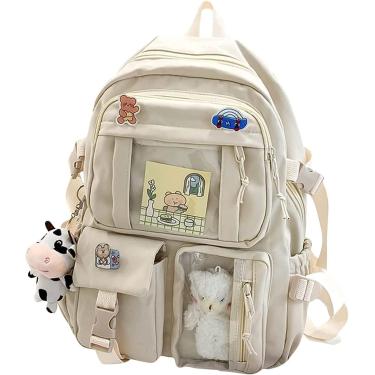 Imagem de Linda mochila pastel, mochila kawaii para meninas adolescentes, bolsas de estudante estéticas com alfinete kawaii e acessórios fofos, bolsa de livro, branco-c