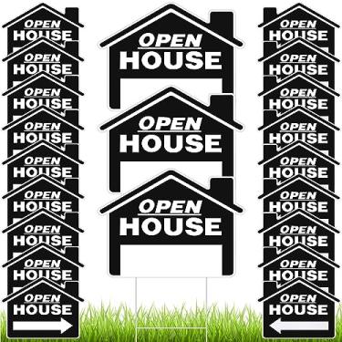 Imagem de Pinkunn Pacote com 21 placas abertas de 30,5 x 40,6 cm, placas de venda de imóveis de dupla face, placas de setas direcionais para venda de propriedades resistentes com 21 peças de estacas de metal H para suprimentos de agentes imobiliários ao ar livre (preto)