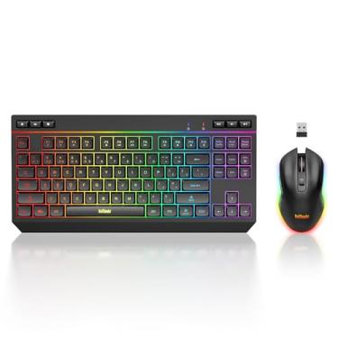 Imagem de RedThunder Combo de teclado e mouse sem fio K20 TKL, bateria recarregável com retroiluminação RGB ajustável, teclado de layout compacto com teclas multimídia dedicadas + mouses ópticos para PC/laptop
