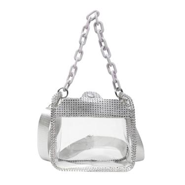 Imagem de Brymthy Bolsa de mão transparente para noite aprovada pelo estádio com strass, bolsa de ombro, bolsa de ombro, Prata