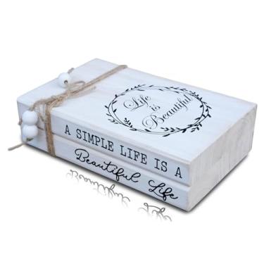 Imagem de LIVDUCOT Livros decorativos para casa, livros falsos brancos para decoração, exibição de casa de fazenda rústica pilha de livros de madeira conjunto de 2 decoração de mesa de centro (A Simple Life Is