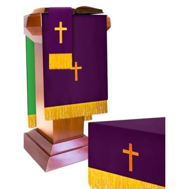 Imagem de Cutecrop Conjunto de 3 lenços reversíveis de púlpito com cruz dourada e acessórios para púlpito de igreja (verde e roxo), principalmente verde, roxo e dourado, Paramento clérigo reversível verde roxo
