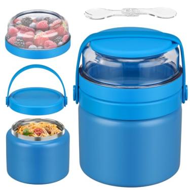Imagem de Garrafa térmica térmica 2 em 1 para comida quente com recipiente Tritan Snack Box de 382 g para crianças, recipiente de almoço, sopa, térmico com colher, aço inoxidável, boca larga, aspirador de pó
