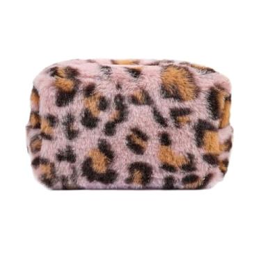 Imagem de zaoalife Bolsa de cosméticos de pelúcia macia com estampa de leopardo, bolsa de armazenamento de produtos de higiene pessoal de viagem, organizador de maquiagem de viagem, bolsa de viagem com zíper,