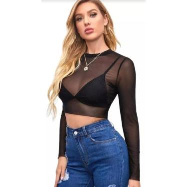 Imagem de Cropped Blusa Feminina Tule Transparente Manga Longa Balada - RV MODAS