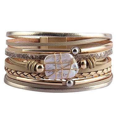 Imagem de AZORA Pulseira feminina de couro barroco pérola envolvente pulseiras lindas pulseiras de ouro feitas à mão, joias boêmias, presente para mulheres, 7.7 inches, Couro