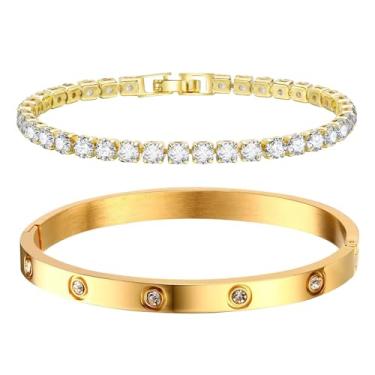 Imagem de Pulseiras de ouro para mulheres - 2 peças banhado a ouro 18 K Bracelete de zircônia cúbica de cristal pulseira de amizade joias, festa de casamento Natal Dia dos Namorados presentes de aniversário para sua namorada, irmã e filha, Sem pedras preciosas