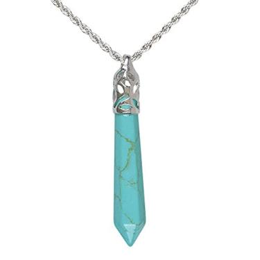 Imagem de (Howlite Turquoise) - Turquesa Howlite Gemstone Hexagonal Pointed Reiki Chakra Pendant Necklace 50cm Caixa de presente de ferro de alta qualidade