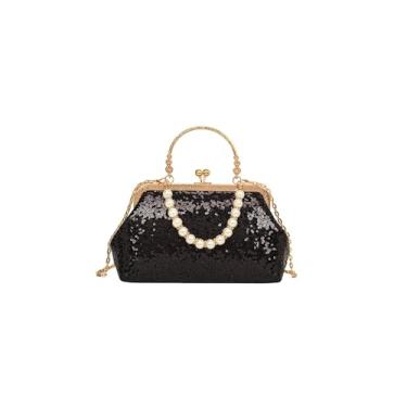 Imagem de CORIOS Bolsa clutch vintage da década de 1920 com lantejoulas brilhantes para mulheres, bolsa de ombro com contas e pérolas, Preto, Large