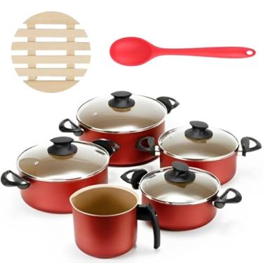 Imagem de Jogo de Panelas 05 Peças Antiaderentes C/Tampas de Vidro + 05 Descansos Redondos + Colher de Silicone Vermelha