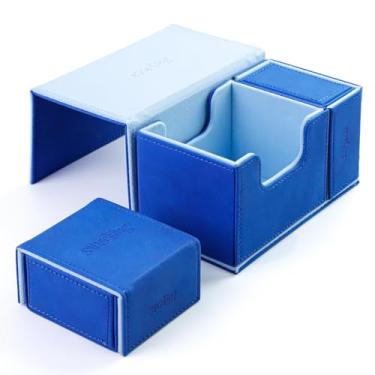 Imagem de Sanseking TCG Commander Deck Box para MTG Commander Deck Box com bandeja de dados de couro de cordeiro Tcg Deck Box Magic Commander Deck Box para MTG TCG CCG (azul)