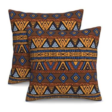 Imagem de KiuLoam Capas de almofada étnicas geométricas, azuis, marrons, amarelas, africanas, 45,7 x 45,7 cm, conjunto de 2 fronhas decorativas para ambientes externos, capas de almofada para sofá-cama,