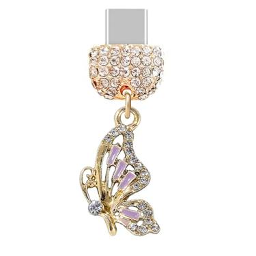 Imagem de ELISE & FONDA TP528 Tipo-C porta de carregamento cristal antipoeira pingente de celular pequena borboleta para iPhone 15/16/Samsung/OnePlus/Xiaomi/oppo telefones Android (roxo), approx. 1.7 cm (L) x