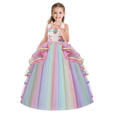 Imagem de HOIZOSG Fantasia de aniversário de unicórnio para meninas, vestido de tule sem mangas, vestido de festa de Natal, vestido de baile longo, multicolorido, 12-13 anos