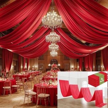 Imagem de Htper 4 painéis, cortinas de teto vermelhas de 1,5 x 12,2 m, para festas de casamento, poliéster grosso sem vincos, 12,2 m, cortinas de teto vermelhas extra longas para decoração de barraca de festa