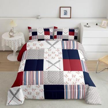 Imagem de Feelyou Conjunto de edredom de beisebol, tamanho casal, esportivo, jogo de beisebol, para presente, para amantes de beisebol, conjunto de edredom para decoração de quarto, branco, azul-marinho