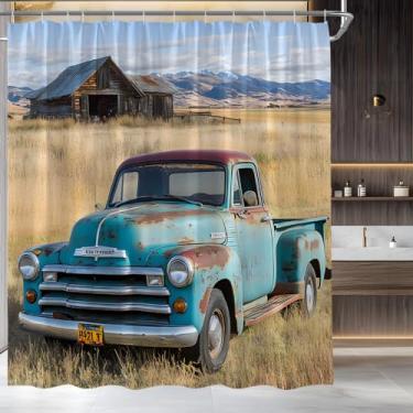 Imagem de AMFD Cortina de chuveiro rústica caminhão fazenda vintage azul antigo carro celeiro de madeira campo fazenda ocidental conjunto de tecido decoração inclui ganchos, (177,8 cm x 170 A)
