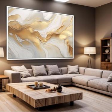 Imagem de Quadro Decorativo com Moldura Sala 90x60 Abstrato Dourado Branco Mármore Luxo Grande Horizontal