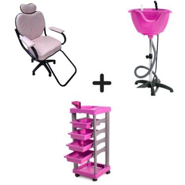 Imagem de Kit Rosa Lavatório Portátil, Carrinho, Cadeira Profissional - HENVIFER