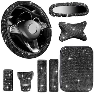 Imagem de MINGZAIQIPEI Conjunto de 8 peças de acessórios de carro brilhantes, capa de volante de 38 cm, decoração universal para mulheres, capa de espelho retrovisor brilhante, encosto de cabeça para carro