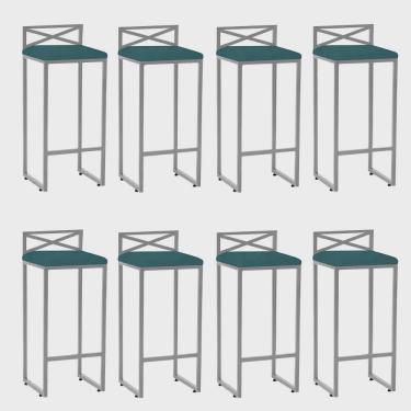 Imagem de Kit 08 Banqueta Alta Com Encosto Ema Balcão Bar Cozinha Bistrô Ferro Prata Suede Azul Turquesa - Ahz Móveis