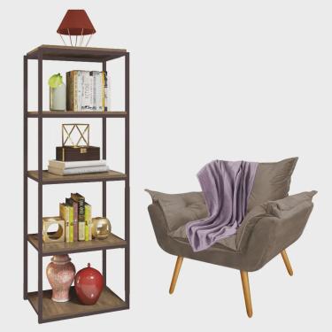 Imagem de Kit Poltrona Fatte com Manta Soft Lilás e Estante Livreiro Ferro Marrom mdf Caramelo Suede Bege - Ahz Móveis