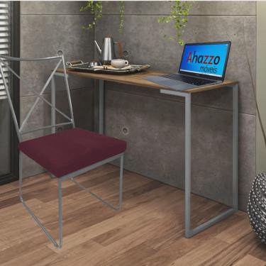 Imagem de Kit Escritório Clark Cadeira e Mesa Industrial Ferro Prata Tampo mdf Freijó Suede Bordô - Ahz Móveis