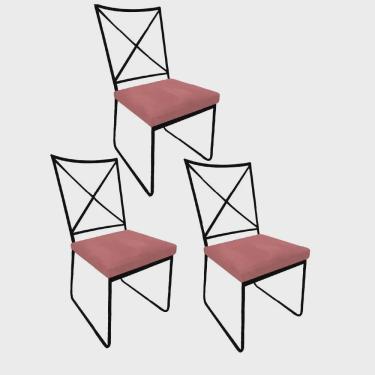 Imagem de Kit 03 Cadeiras Sala de Jantar Escritório Office Clark Industrial Ferro Preto Suede Rose Gold - Ahz Móveis