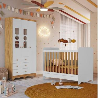 Imagem de Quarto de Bebê Guarda-roupas 3 Portas Janeladas e Berço Minicama 100% Mdf Gael Espresso Móveis Branco Brilho/Amêndoa